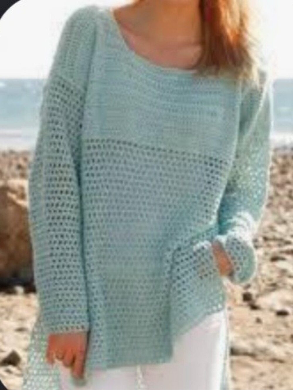 Easel Open-Knit Scoop Neck Sweater in Light Teal